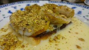 Sweet waffles, Nutella, fried plantain, custard and crushed pistachio nuts...